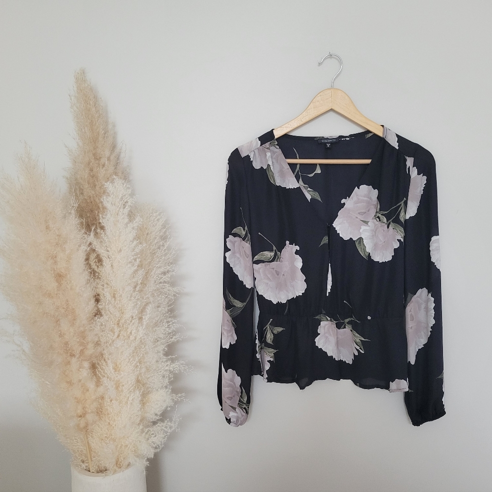 Dynamite Floral Long Sleeve Blouse Black Top Size XS
